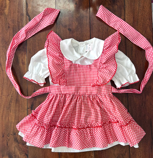 #66 Size 4 vintage JC Penny red gingham pinafore dress with Peter Pan collar and puff sleeves, GUC