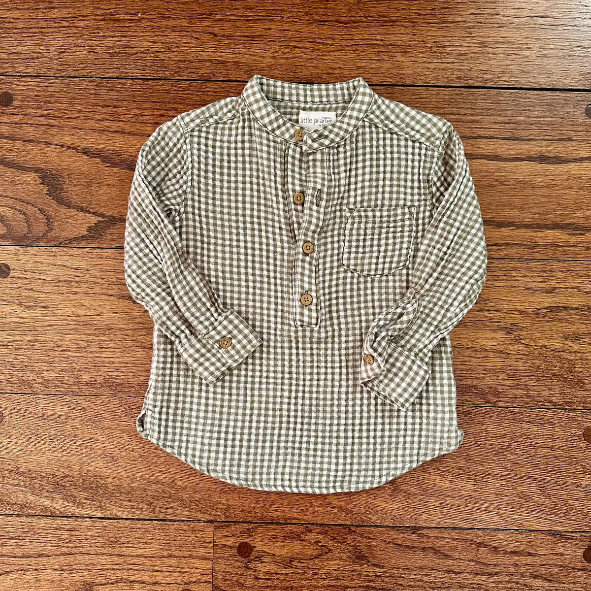 #113	EUC Boys Little Planet Green Gingham Gauze Button Down Shirt, size 2T