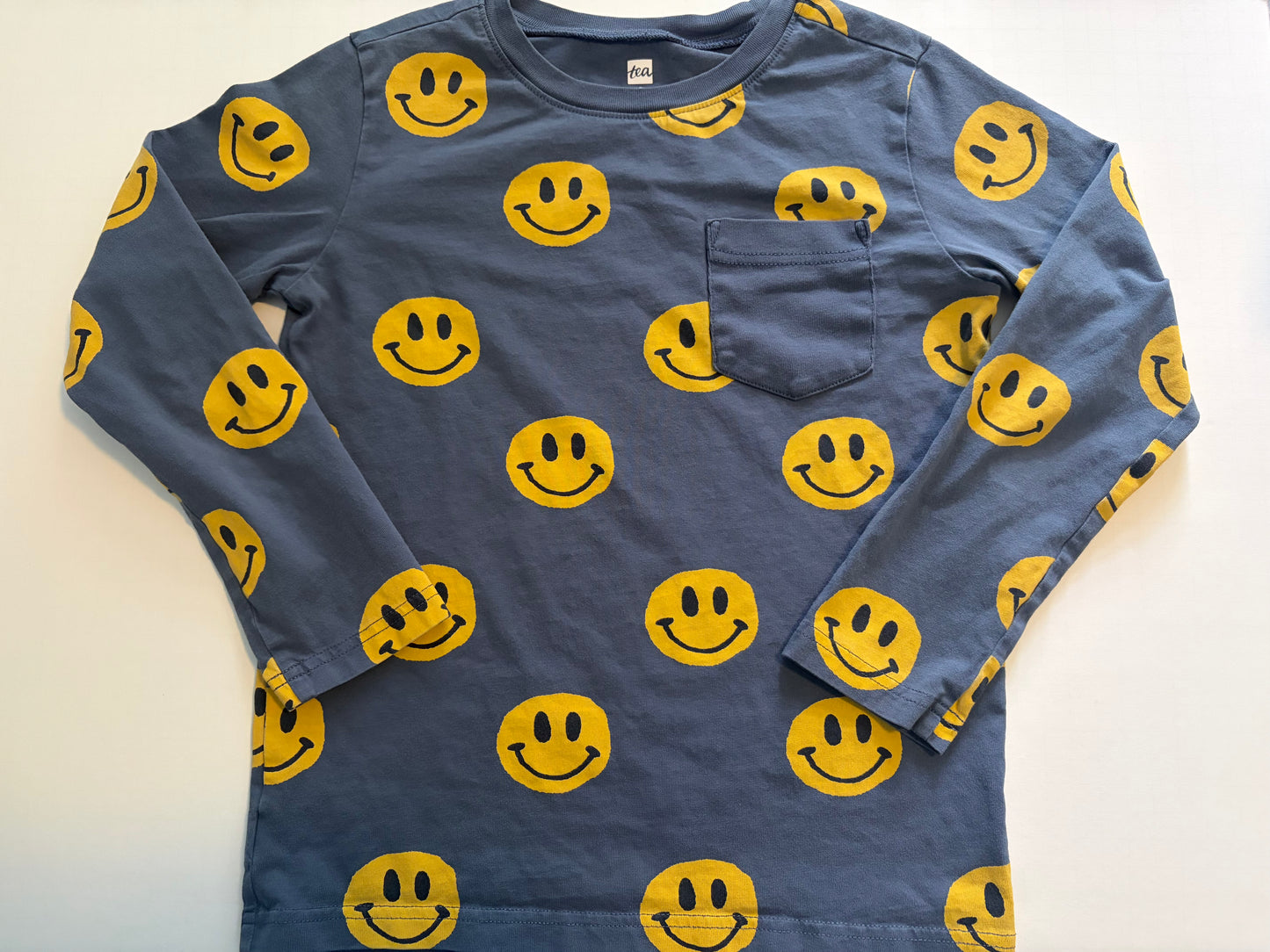 Seller #91 boys' size 8 Tea Collection long-sleeve pocket tee with smiley faces EUC