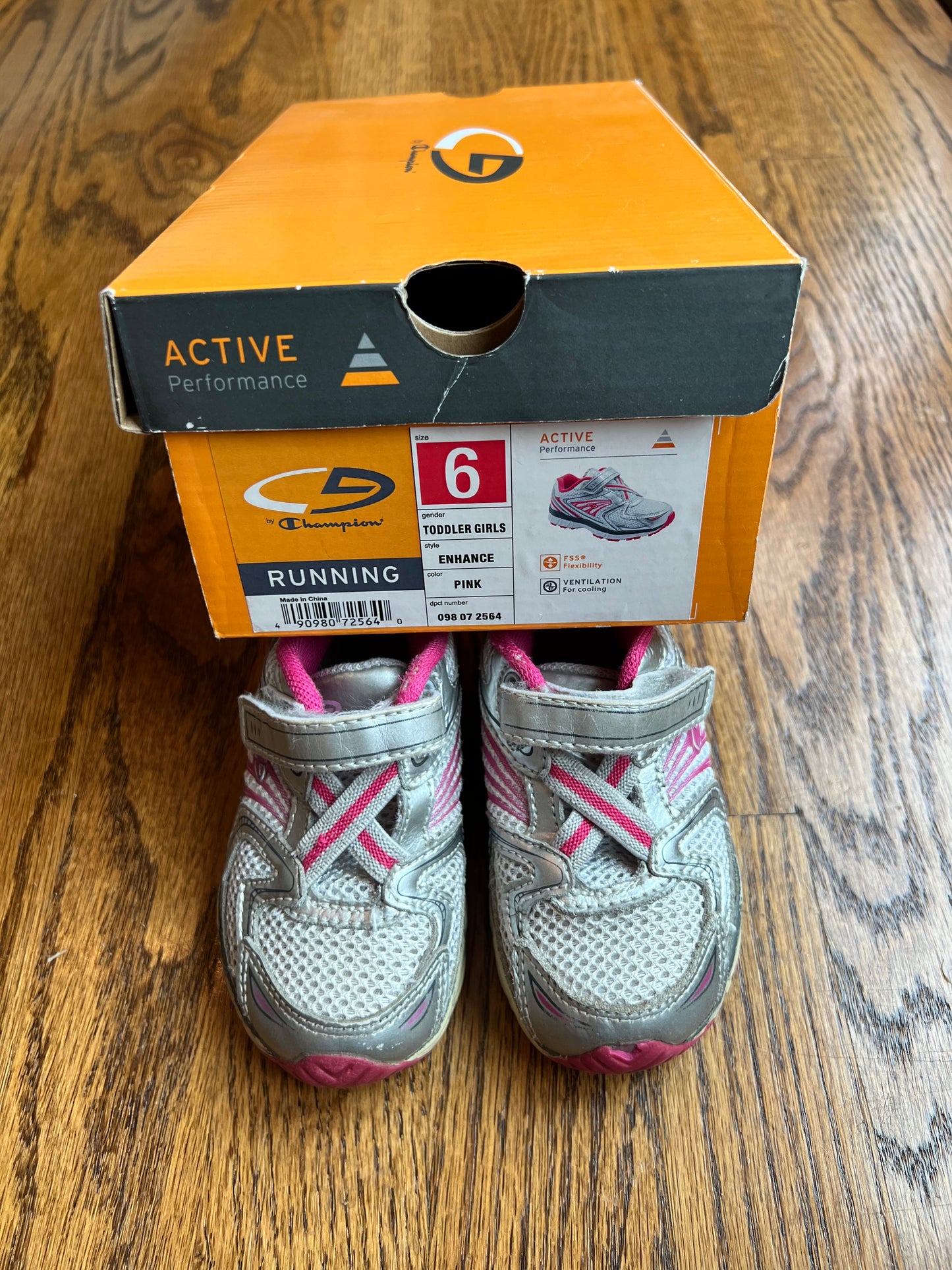 76B - Champion Toddler Girl Size 6 Silver & Pink Running Shoes, GUC