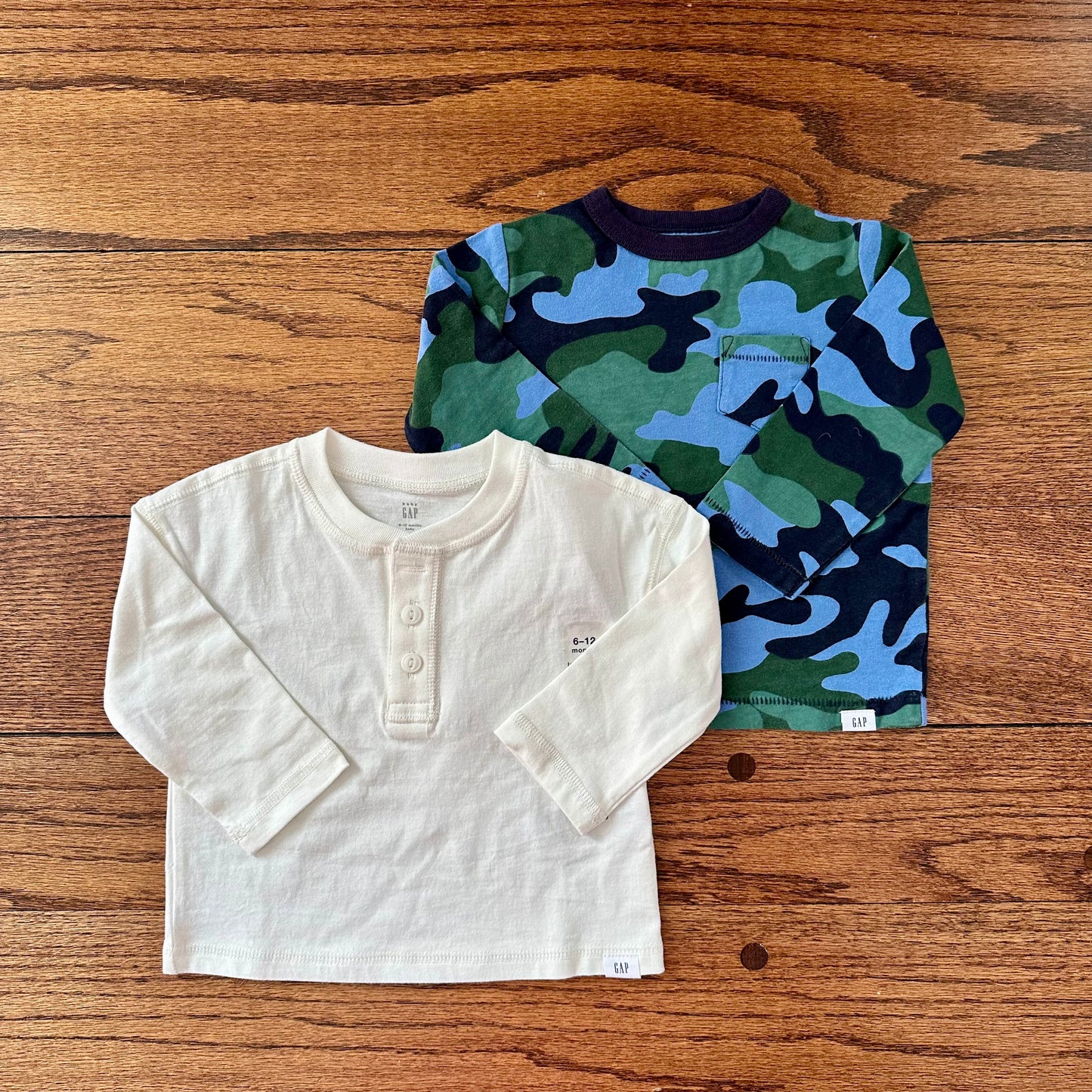 #95 NWT and EUC Boys Gap Long Sleeve Shirts, set of 2, Blue Camo and White Henley, size 6-12 months