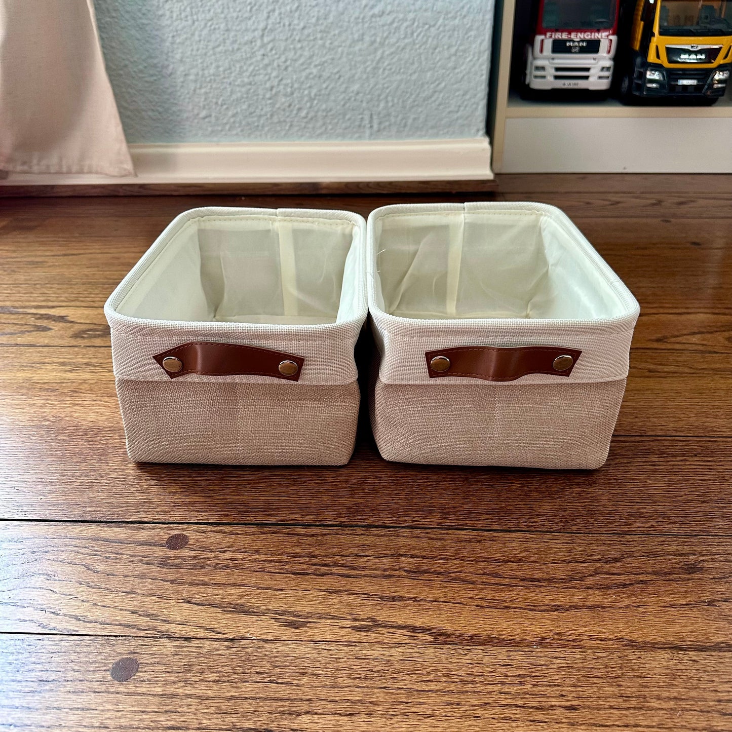 #95 Small Rectangular Storage Bins in White and Khaki, size 7.9 x 11.8 x 5", set of 2