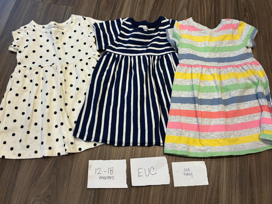 #138 - 12-18 Mo - EUC Old Navy - 3 Pack Dresses (polka dot, navy/white, rainbow striped) - PU 45236