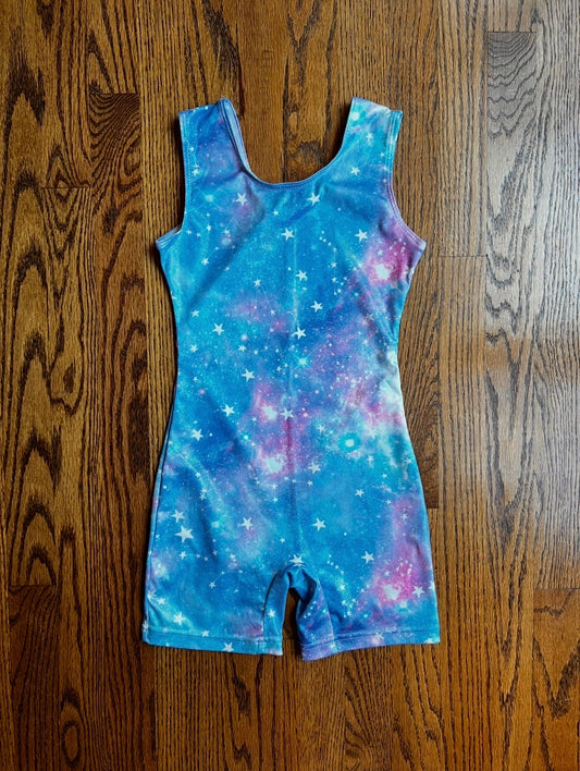 Seller #115 - Girls Size 150 (10-12) Gymnastics Leotard, Blue/Pink with Stars, VGUC