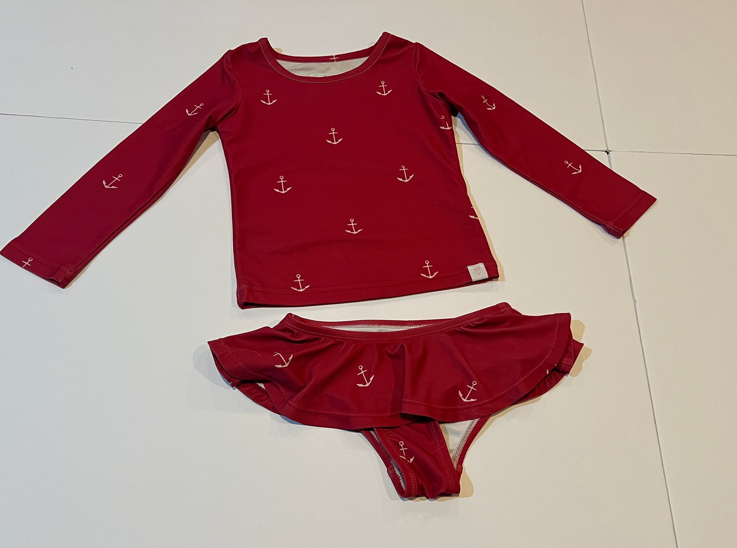 #141 Girls 4T Sweet Honey Red Long Sleeve 2 Piece Bathing Suit with Anchors 2 of 2 available