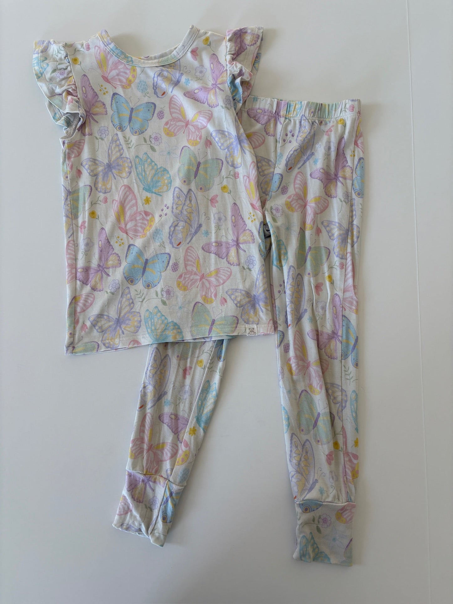 Seller #105 - Size 3T Girls Little Snuggles Butterfly Bamboo Pajamas (Short sleeve with ruffles and pants) GUC - see photos