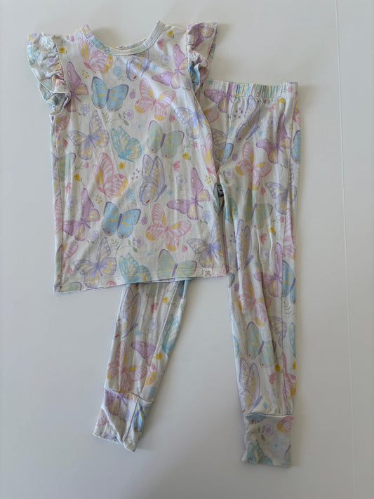 Seller #105 - Size 3T Girls Little Snuggles Butterfly Bamboo Pajamas (Short sleeve with ruffles and pants) GUC - see photos