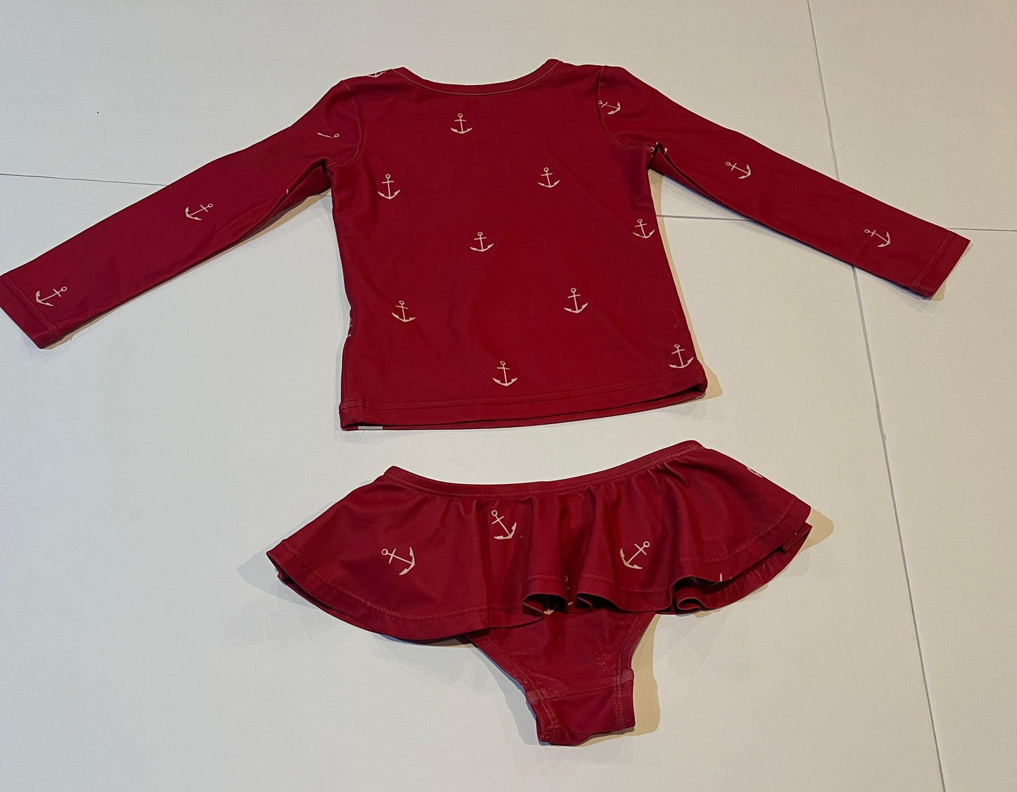 #141 Girls 4T Sweet Honey Red Long Sleeve 2 Piece Bathing Suit with Anchors 2 of 2 available