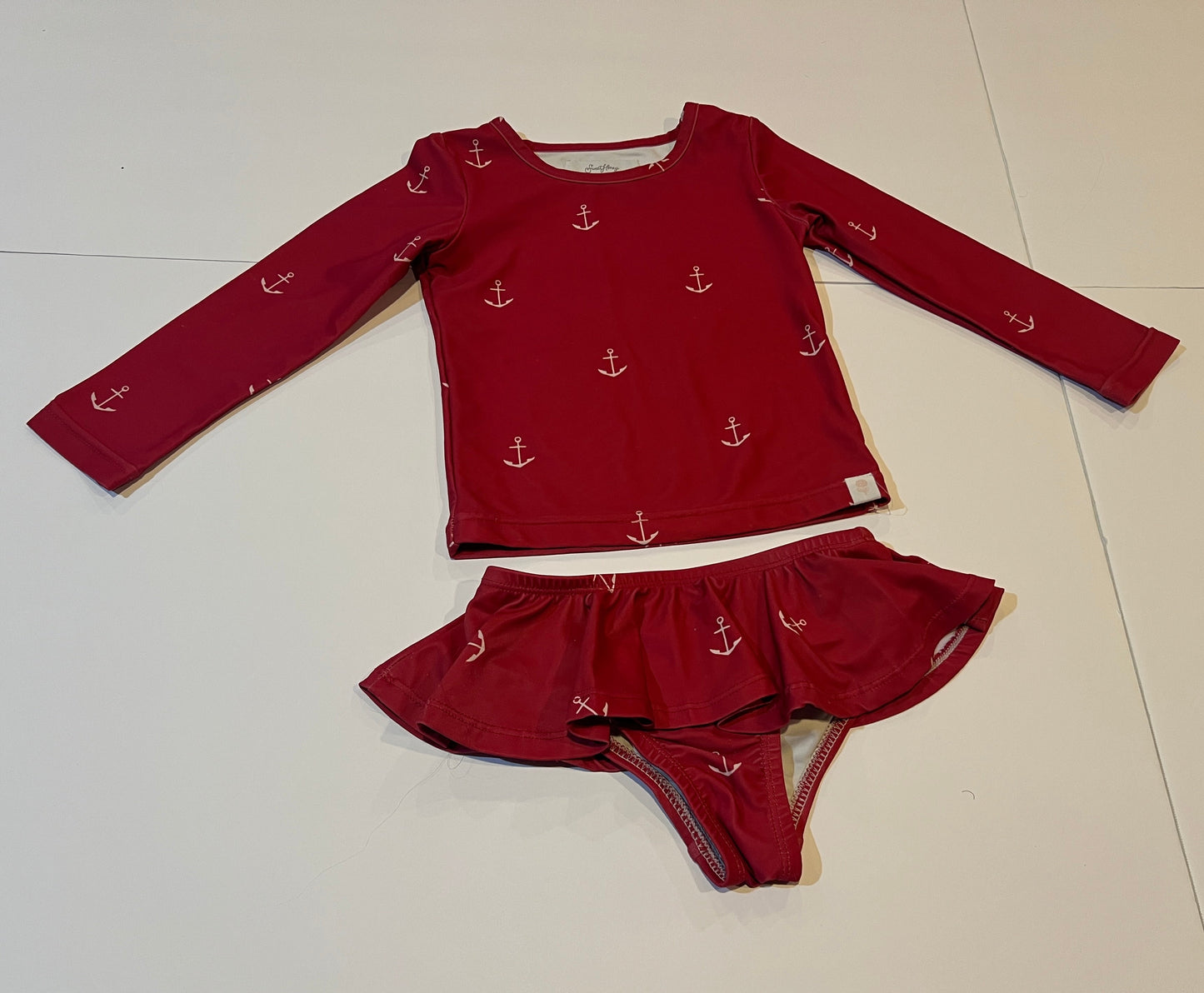 #141 Girls 4T Sweet Honey Red Long Sleeve 2 Piece Bathing Suit with Anchors 1 of 2 available
