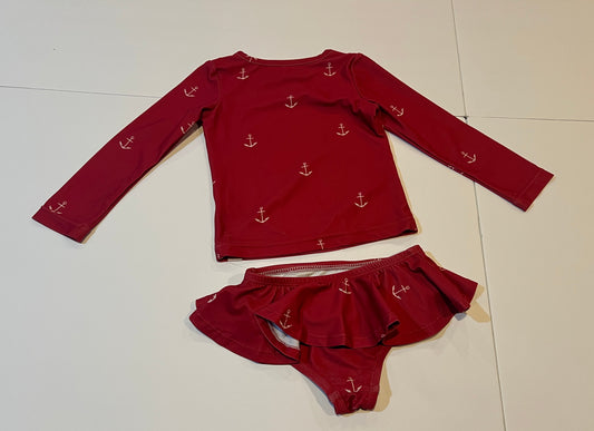 #141 Girls 4T Sweet Honey Red Long Sleeve 2 Piece Bathing Suit with Anchors 1 of 2 available