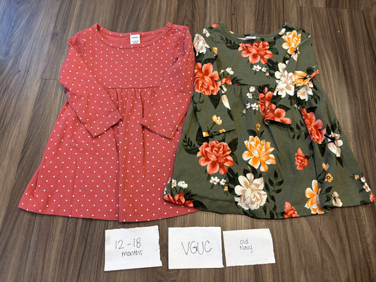 #138 - 12-18 Mo - VGUC Old Navy - 2 LS Dresses (coral dot and green floral) - PU 45236