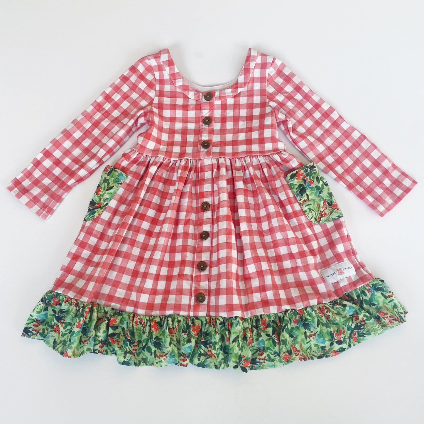 #118 | Size 4 | Smocked Sweets Girls Red Check Button Detail Dress