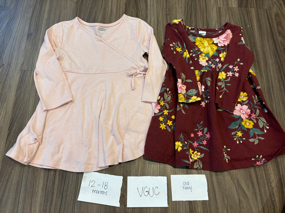 #138 - 12-18 Mo Old Navy (2) VGUC LS Dresses (pink, maroon floral)