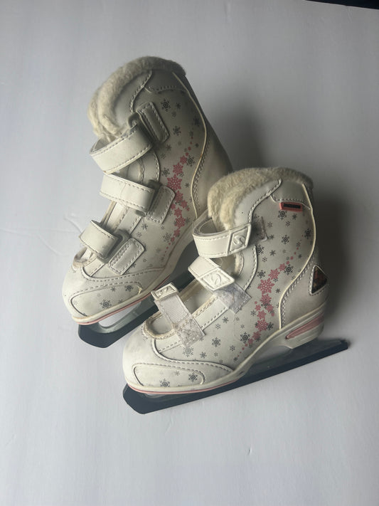 #180 size 13J pink and white ice skates with blade guards