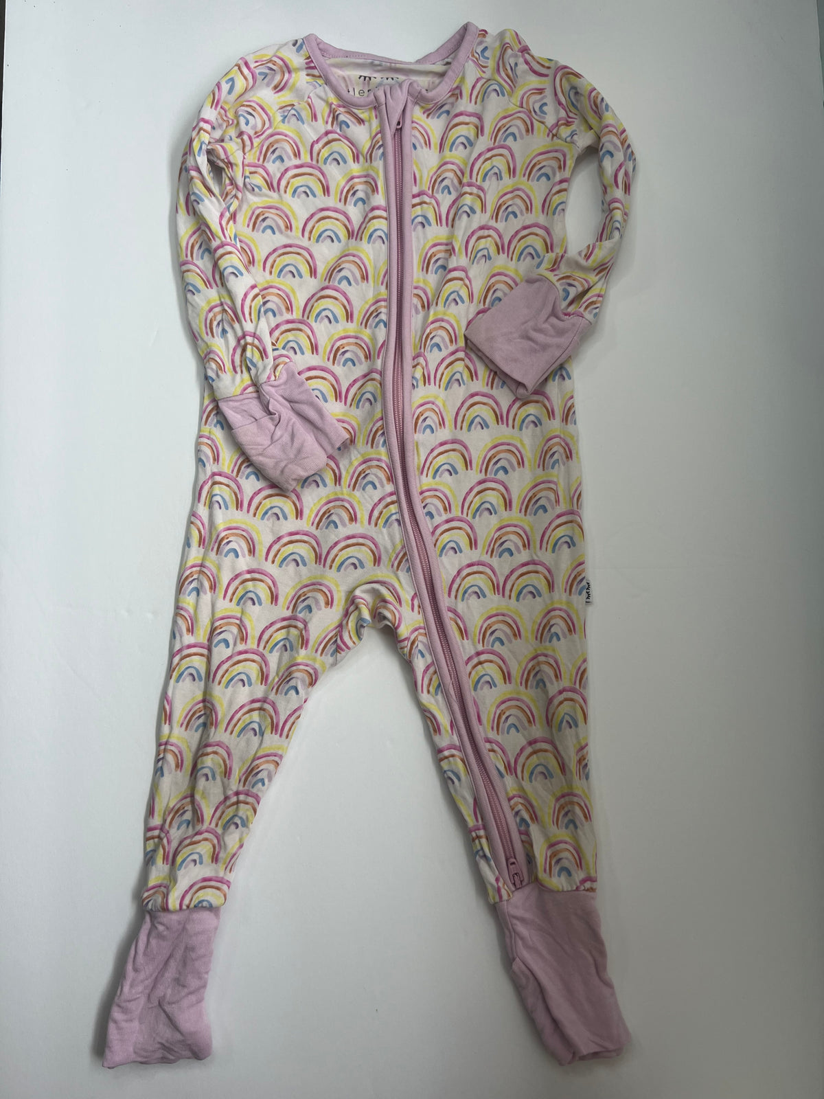 #180 Little Sleepies girls size 3-6 months rainbow zippy with hand and feet covers