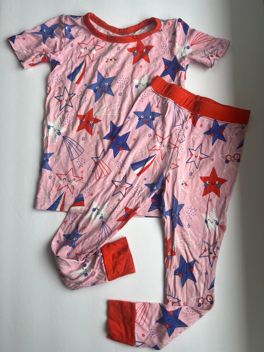 #180 Little Sleepies girls size 2T pink and red stars short sleeve and pants set