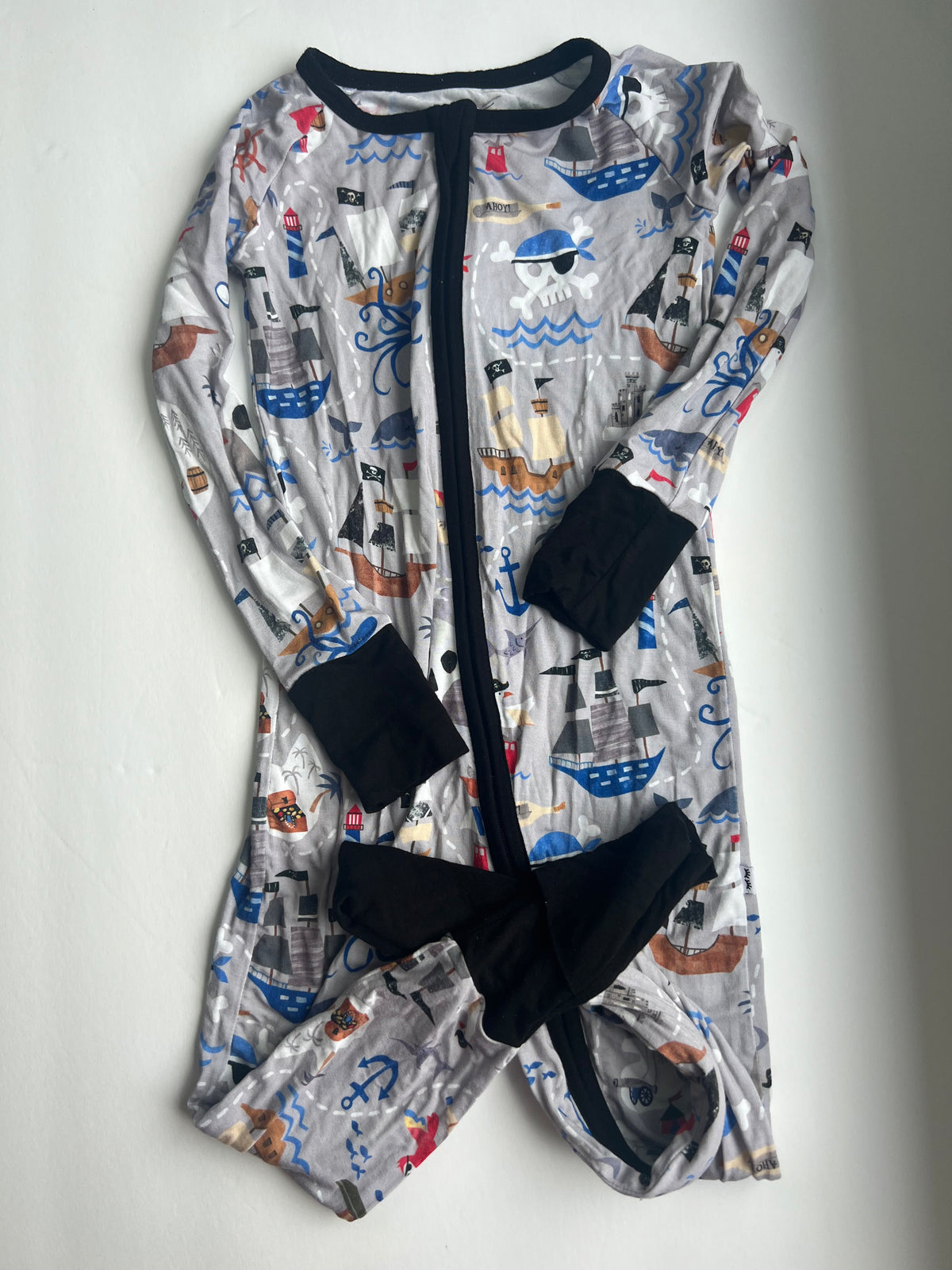 #180 Little Sleepies boys size 2T pirate zippy with hand and feet covers