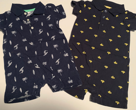 2 Boys collared onesies- Surfer, palm trees, submarines- bundle clothing lot