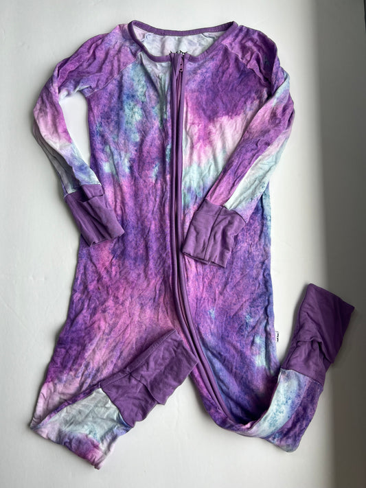 #180 Little Sleepies girls size 12-18 months purple watercolor zippy with hand and feet covers