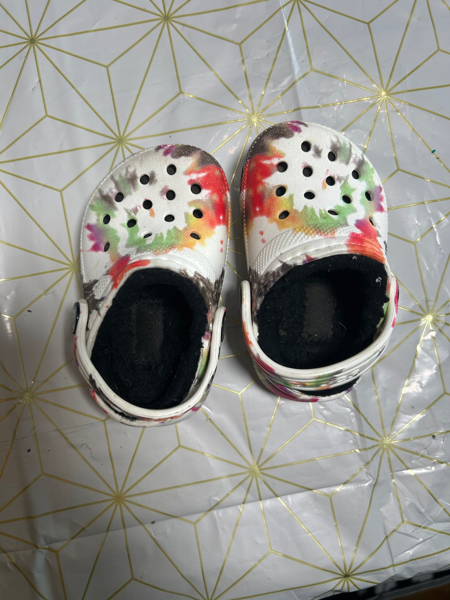 Seller #62 fur lined rainbow/tie dye crocs c 4
