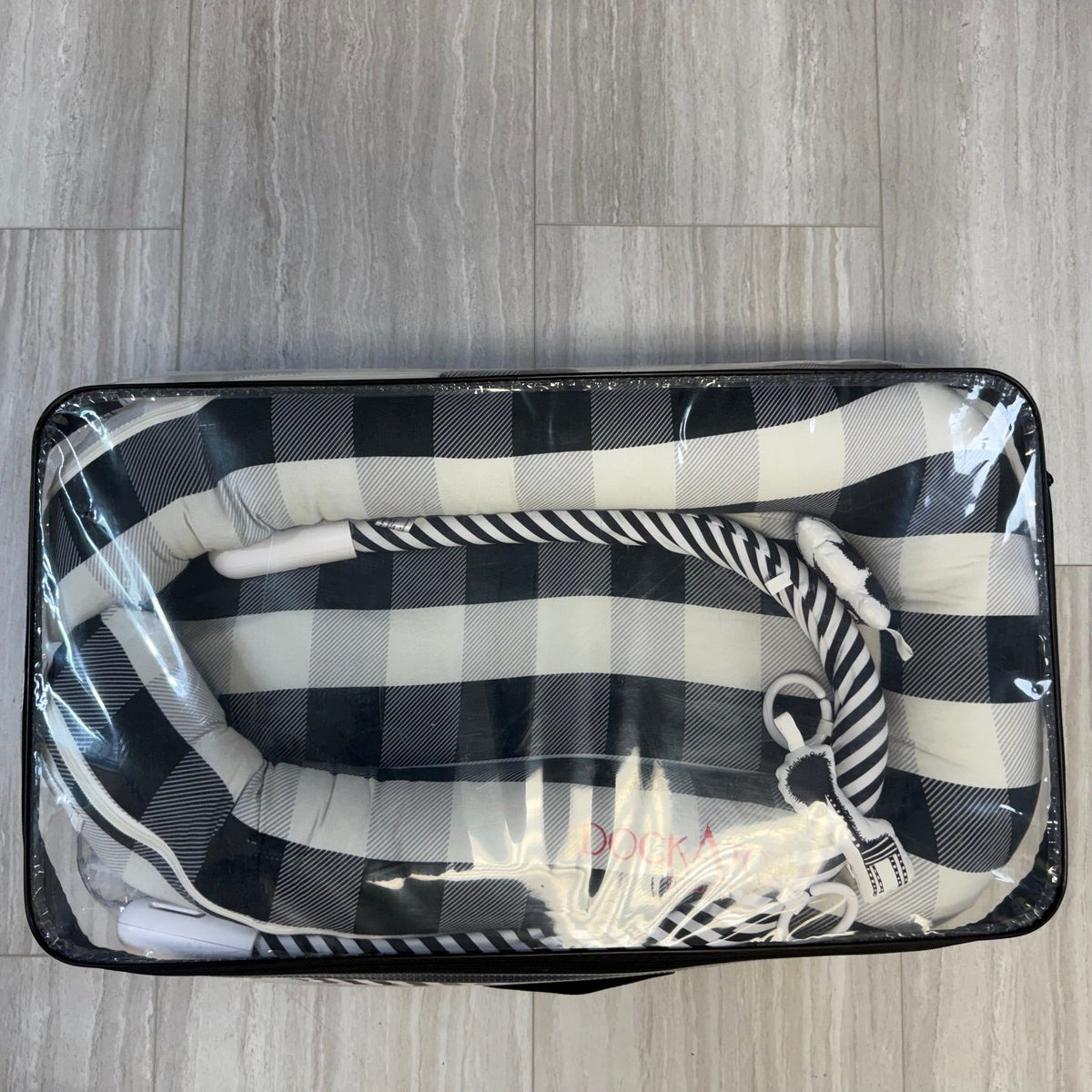 #110 Dock-a-Tot Deluxe Infant Lounger Black and White Check Print