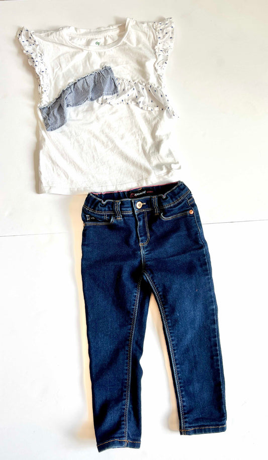 Girls 3T (2 items) Adjustable waist Blue Jeans with White and Blue Shirt Outfit - Excellent Condition (EC)