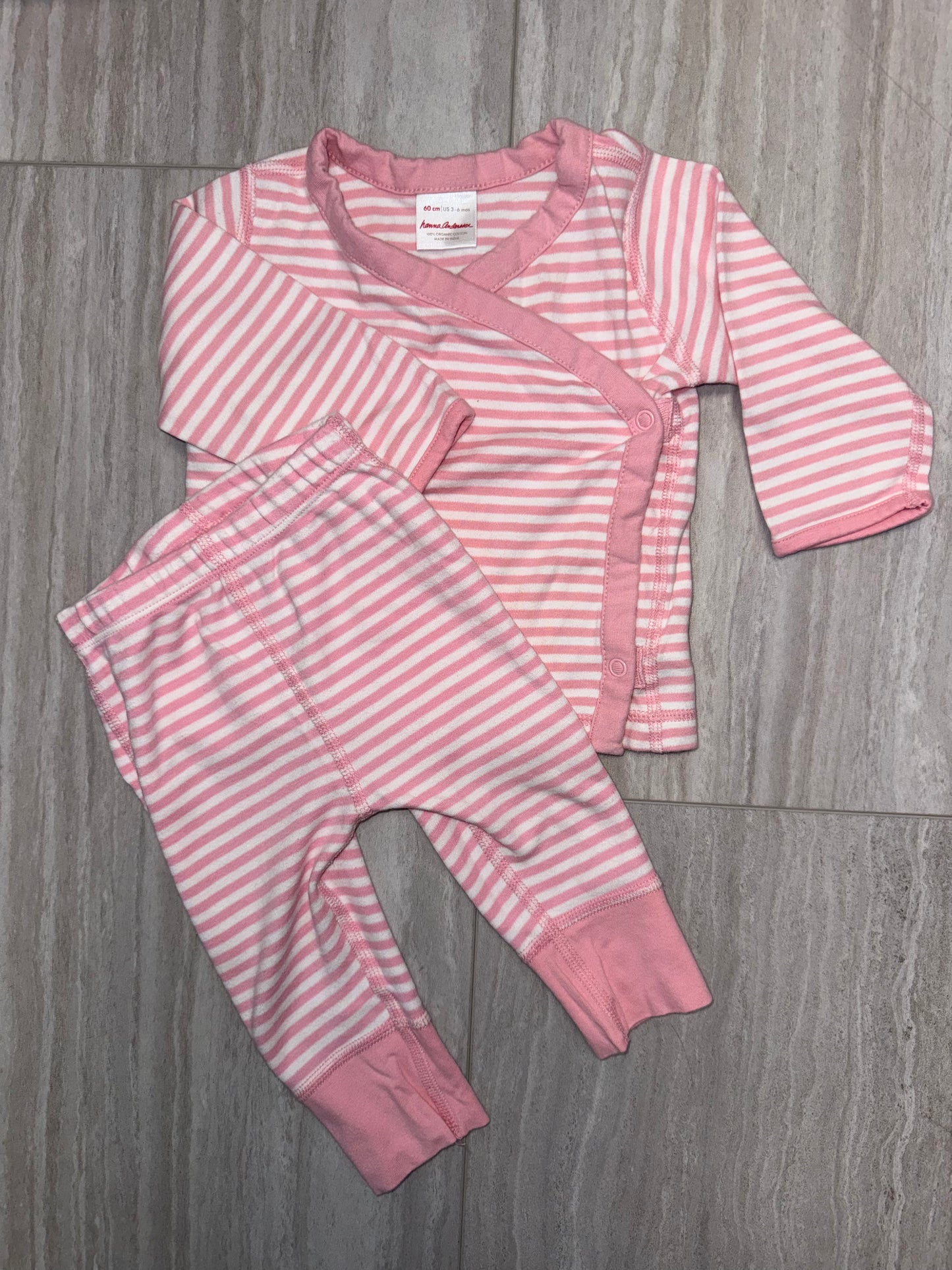 #110 Hanna Anderson Girls Pink White Strip Matching Set 3-6mo.