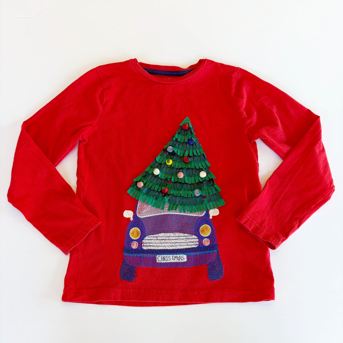 #96 | Size 8-9Y | Mini Boden Boys Embroidered Truck Christmas Tree Shirt
