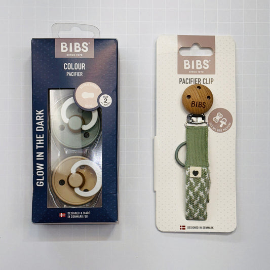 Seller 189 BIBS Glow in the Dark Pacifier 2-pack + Braided Pacifier Clip NEW