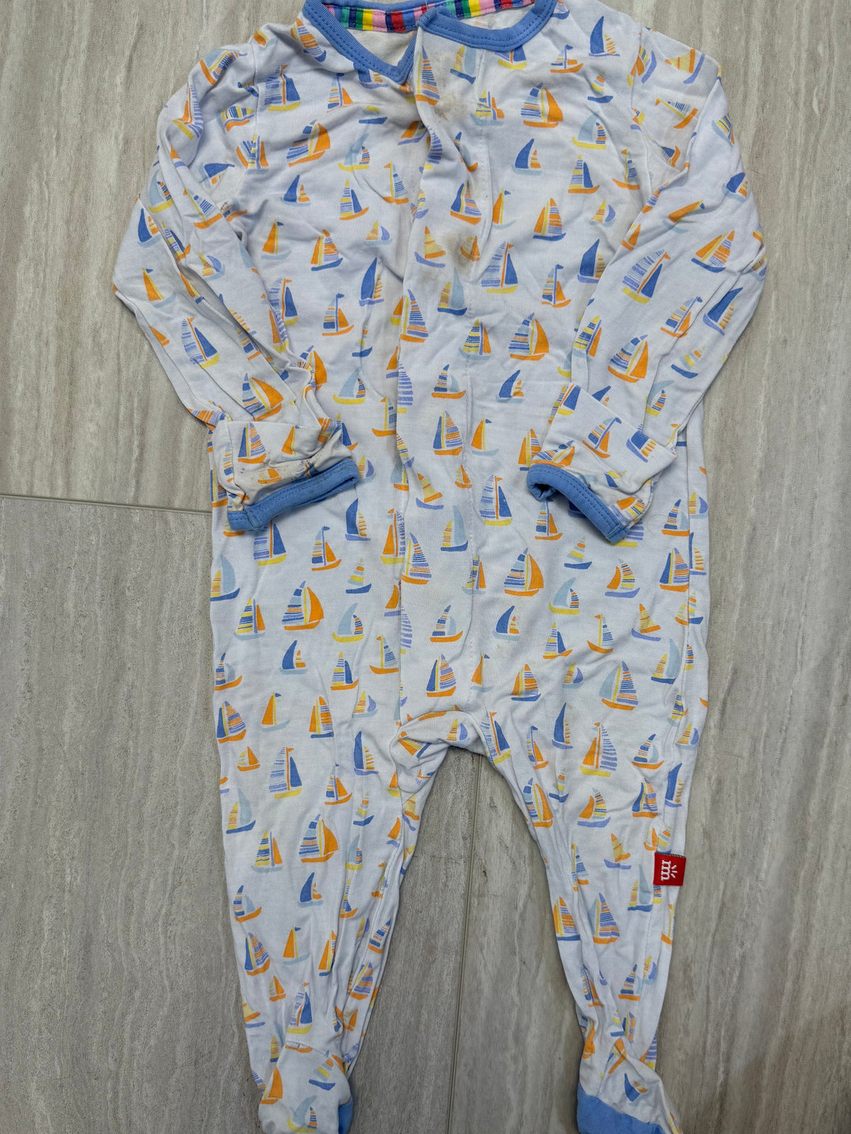 #110 Magnetic Me Baby Boy Sailboat Print Modal Footsie Coverall REDUCED Size 3-6 mo.