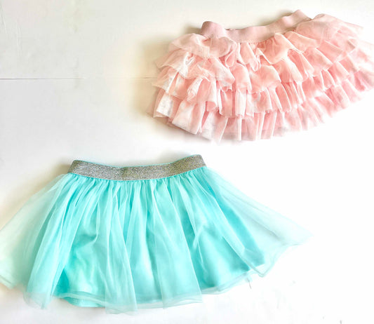 Girls 24 M (2) Pieces - Pink Ruffle Skirt and Aqua Skort Tulle