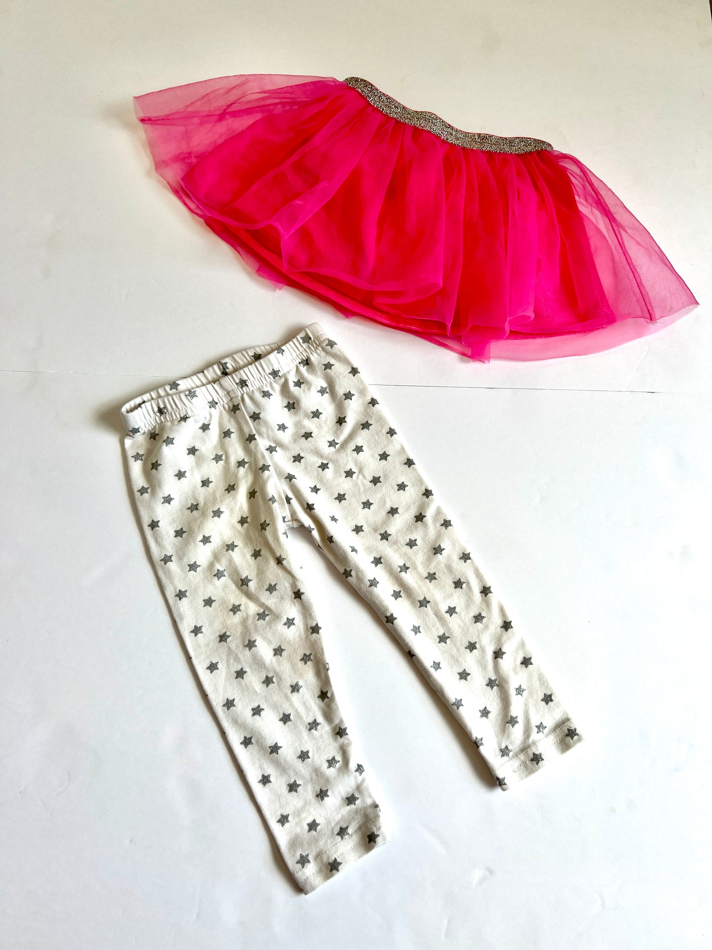 Girls 12M (2) Pieces (1) Legging Pant with Silver, Glitter Stars & (1) Pink Tulle Skort (Diaper Cover Pant) / Skirt