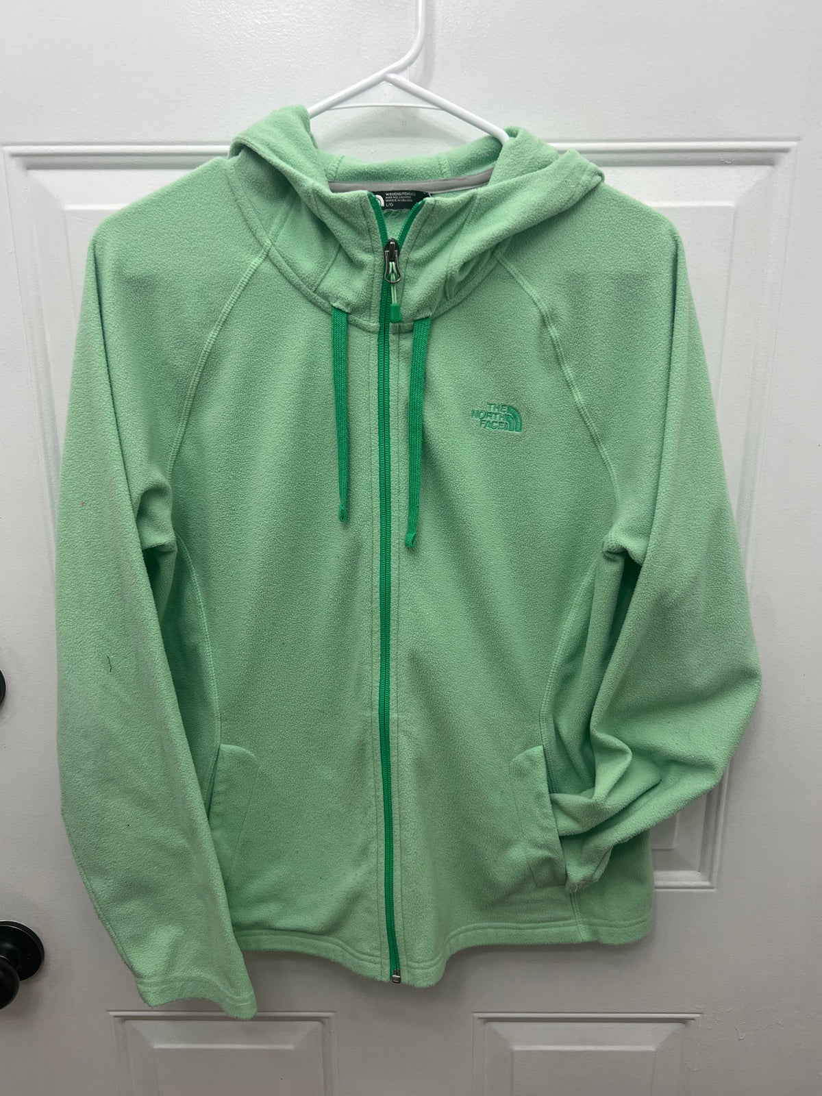 #180 North Face womens size Large bright green bright green zip up hooded jacket