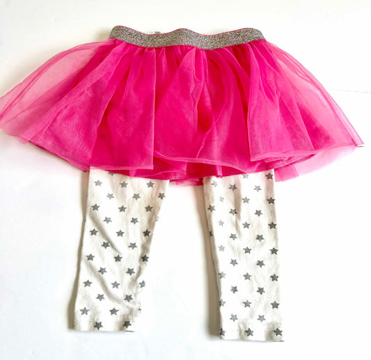 Girls 12M (2) Pieces (1) Legging Pant with Silver, Glitter Stars & (1) Pink Tulle Skort (Diaper Cover Pant) / Skirt