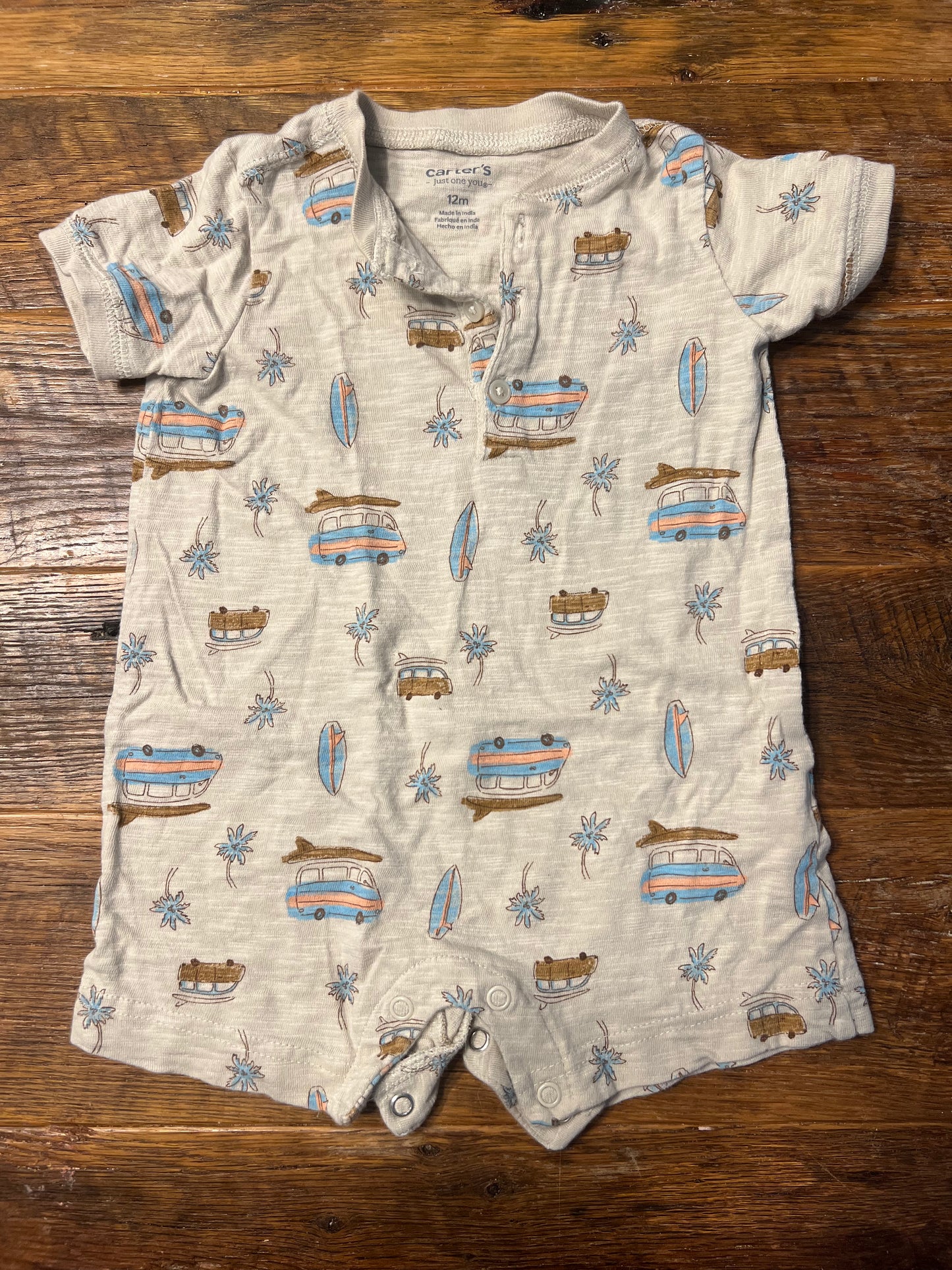 #67 Carter's Boy's Tan Surf Print Romper - Size 12M