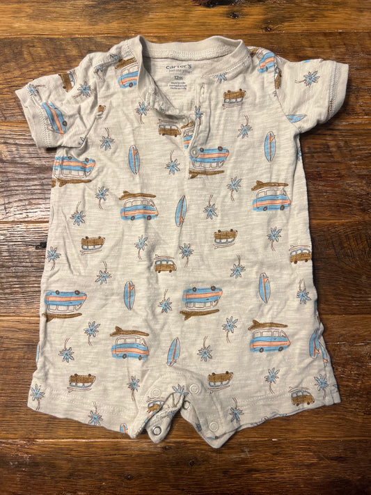 #67 Carter's Boy's Tan Surf Print Romper - Size 12M
