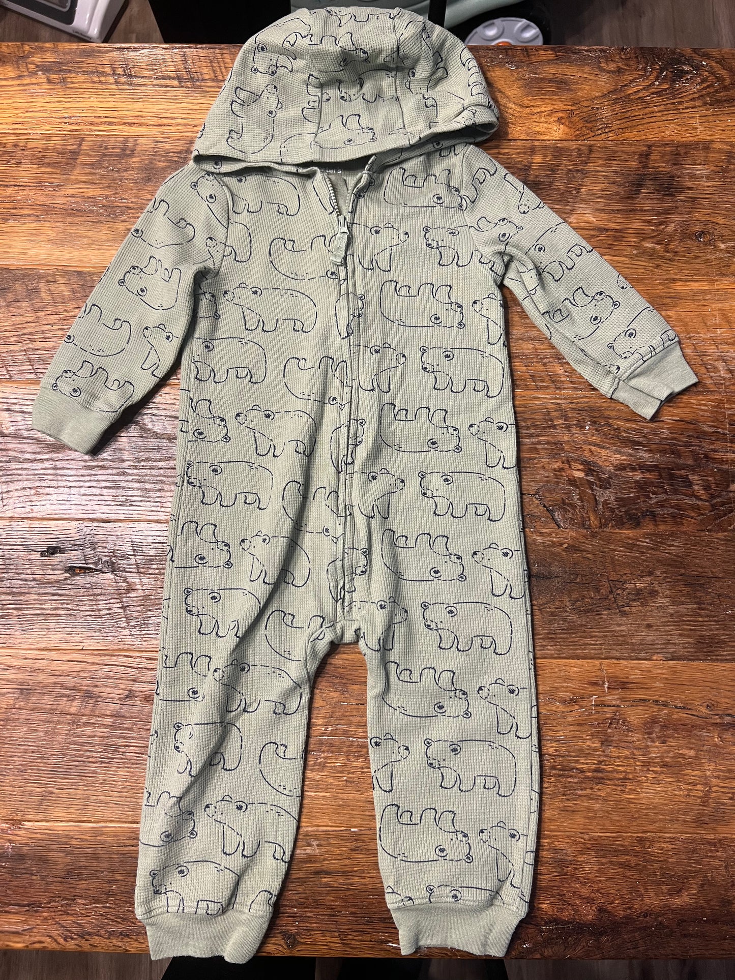 #67 Carter's Boys Green Bear Print Onesie with Hood - Size 18M
