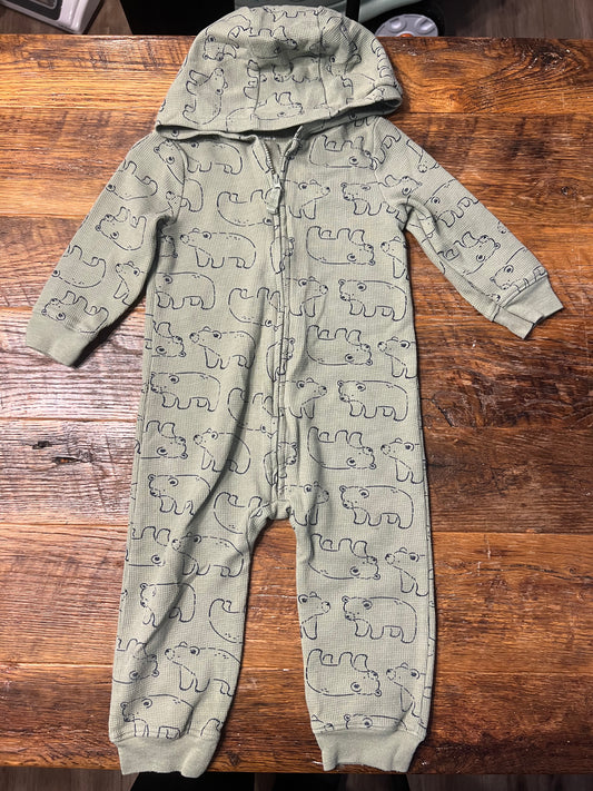 #67 Carter's Boys Green Bear Print Onesie with Hood - Size 18M