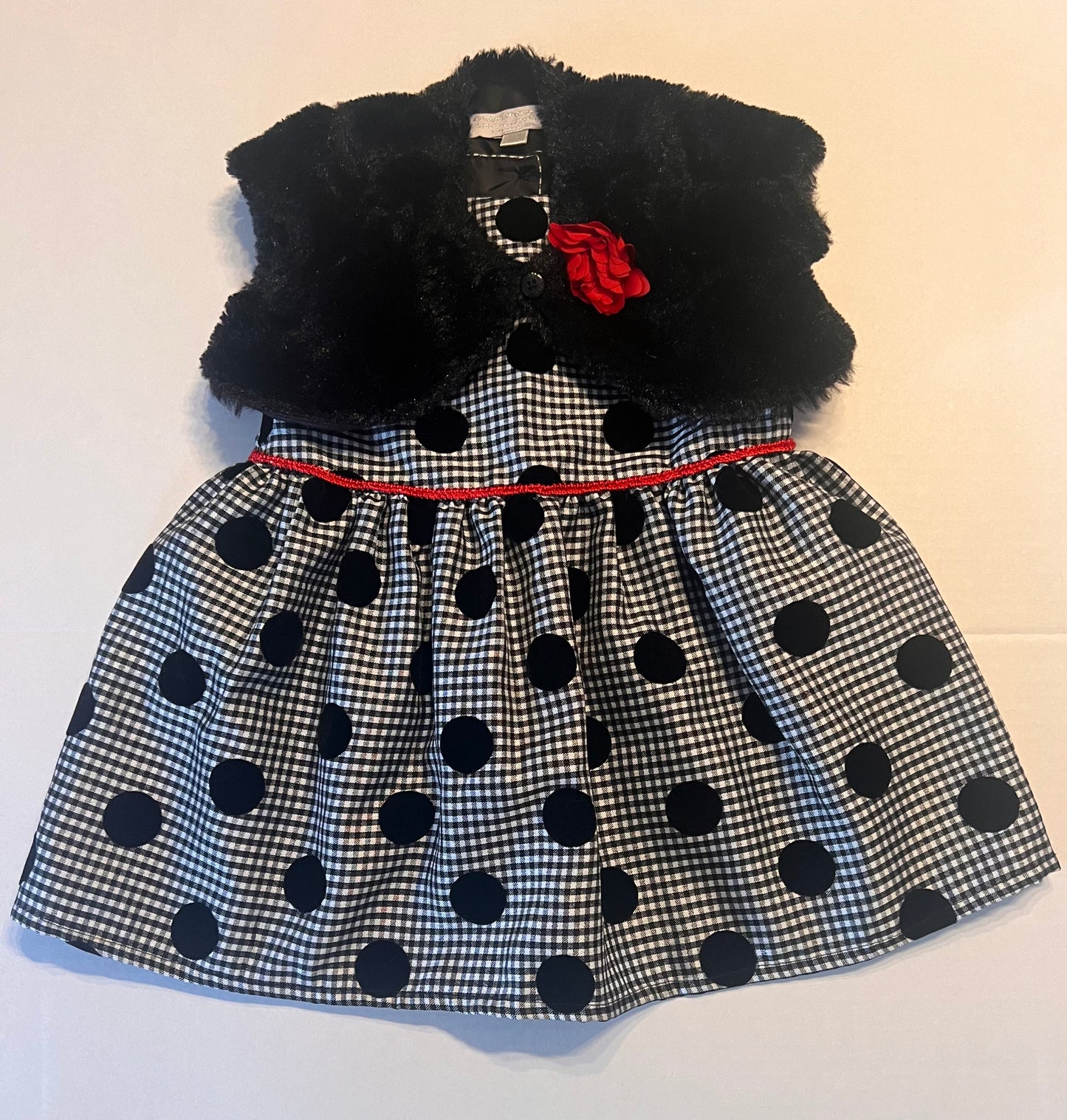 #74B - Black and white checked dress with faux fur shrug 12mo