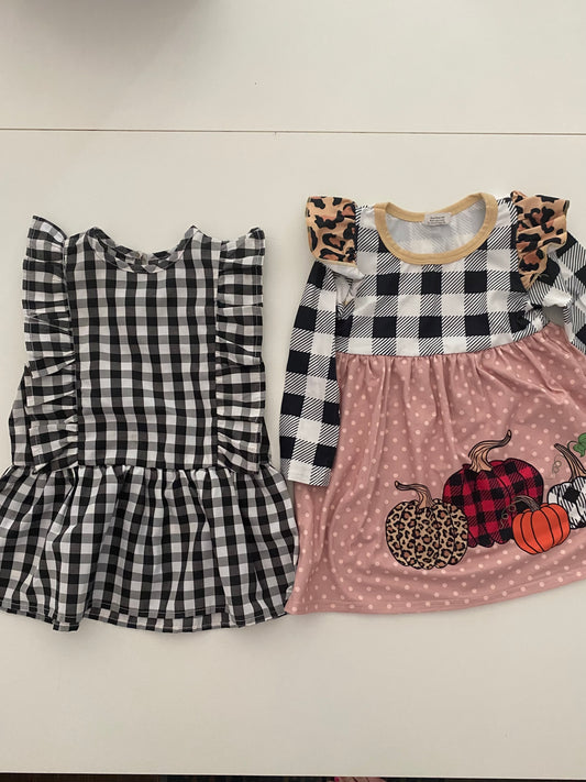 #84B-ATUN black checkered tunic and Amazon Pumpkin long sleeved dress, Girls 12-18M, VGUC