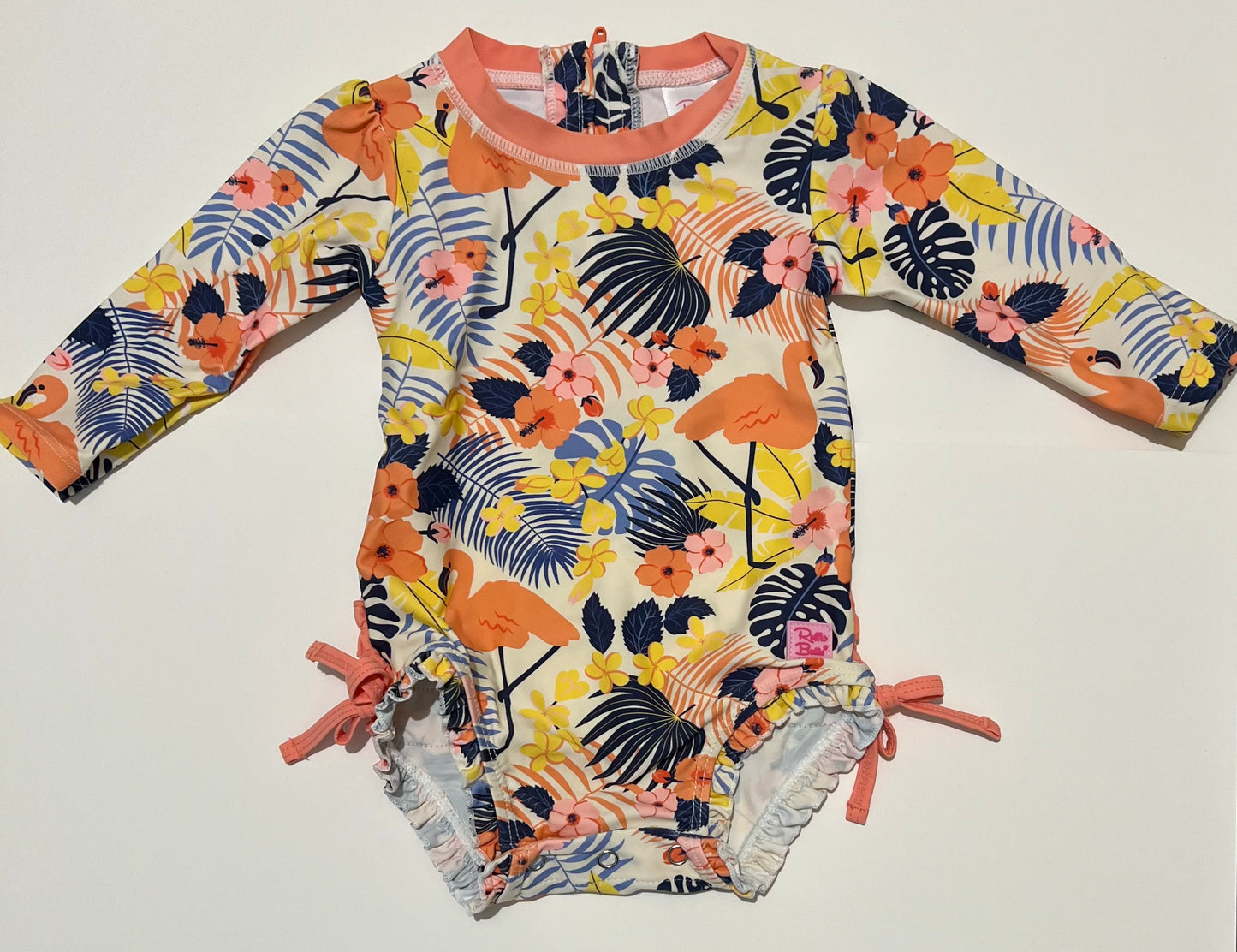 Ruffle Butts Bathing Suit 6-12 months Flamingo Long Sleeves