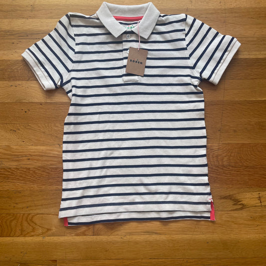 #116 boys mini Biden navy cream stripe polo 9-10