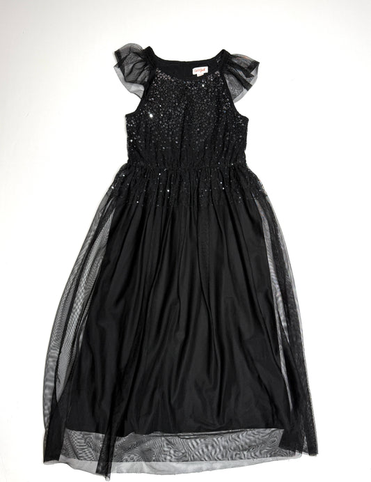 Seller 89 Girls Cat and Jack Size Medium 7/8 Long Black Dress - Sequin Top, Flutter Sleeve - VGUC