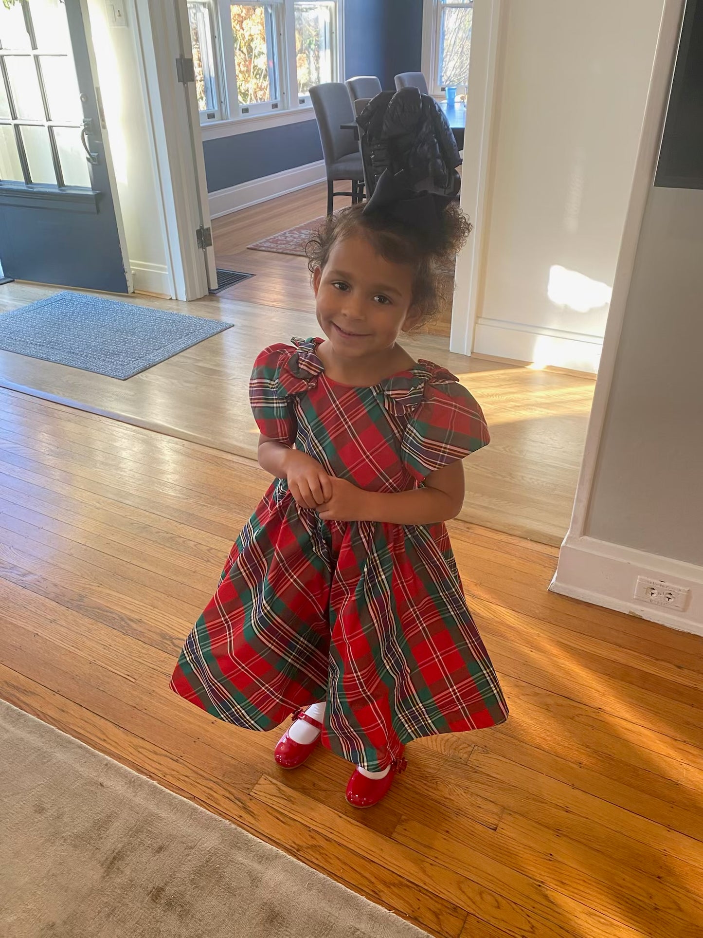 #104 Janie and Jack size 4 (runs large IMO) plaid holiday dress with tulle underskirt, bows on top of shoulder