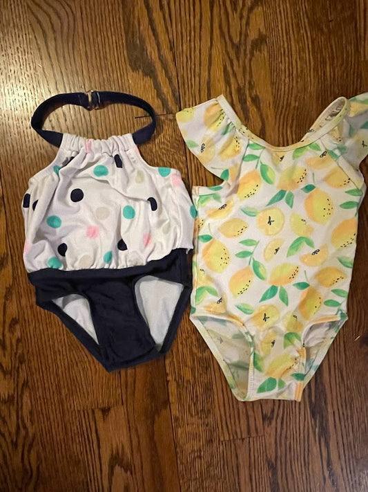 Cat and Jack size 12 months swim suit bundle. Halter style with blue pink green silver polka dots and yellow lemon suit,