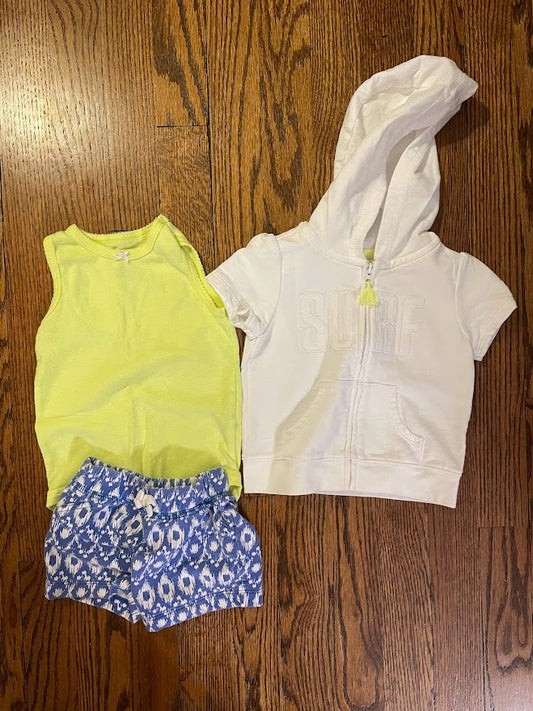 Carters baby girl size 9 month neon yellow bodysuit with blue/white shorts and white short sleeve jacket "SURF"