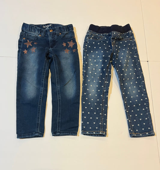 #180 Set of Girls 4T Cat & Jack Jean with Stars and Jegging with Hearts with Elastic Waistband