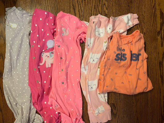 Carters baby girl size 6 month sleeper bundle. Grey sheep, pink elephant, pink cat (x2) and orange little sister