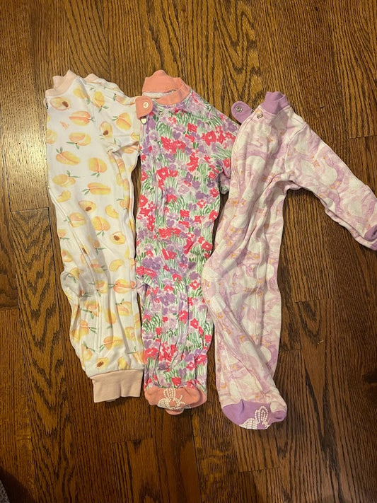 Burts Bees Baby girl size 0-3 month sleeper bundle. Peaches, pink/purple flowers, purple ducks