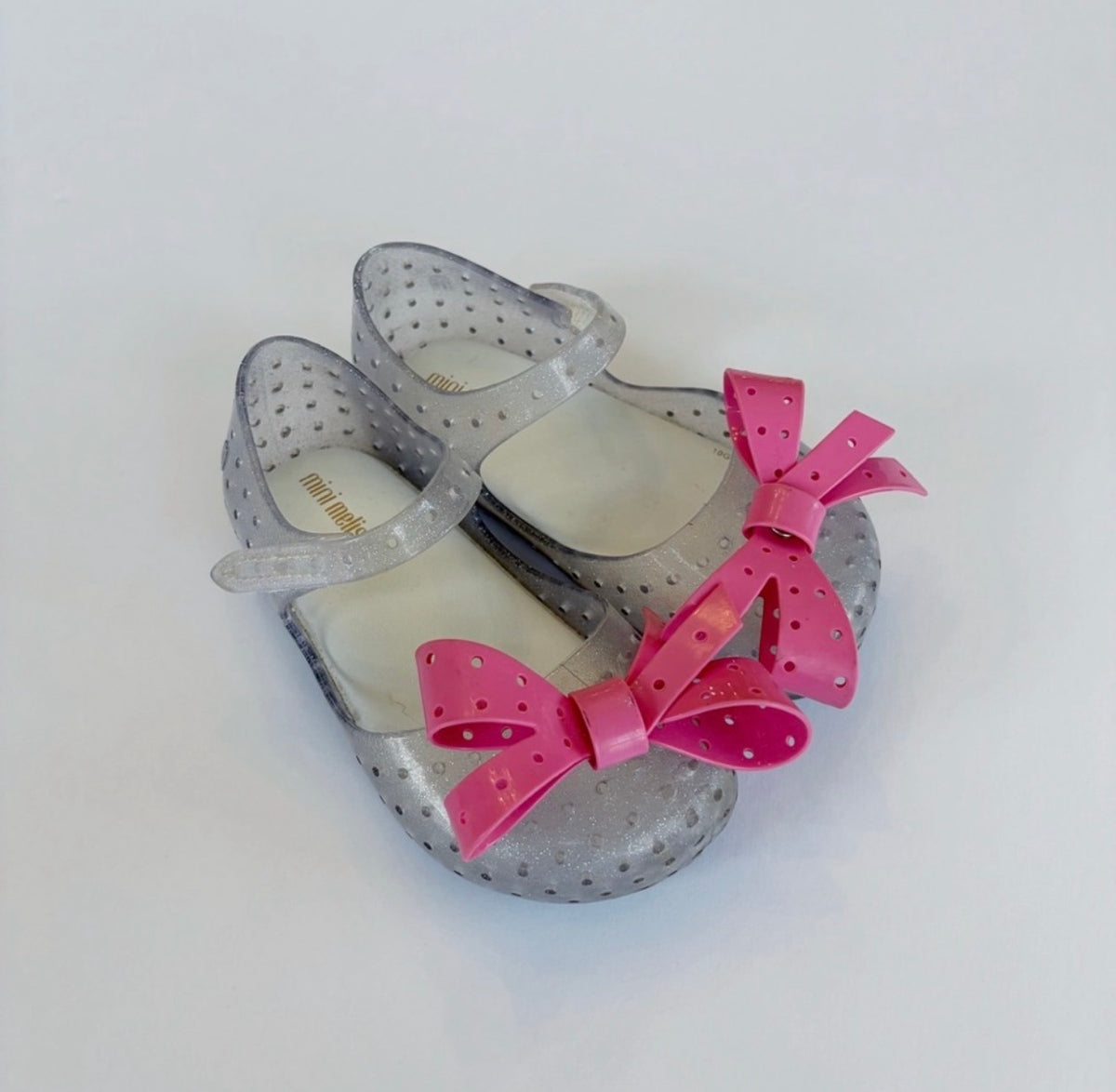 #96 | Size 9 | Mini Melissa Girls Clear Silver Glitter Bow Mary Janes